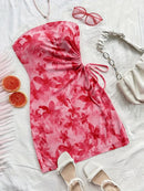 Women's 2025 Floral Print Tube Mini Dress Strapless Backless Party Club Short Ruched Drawstring Bodycon Party Dresses Streetwear