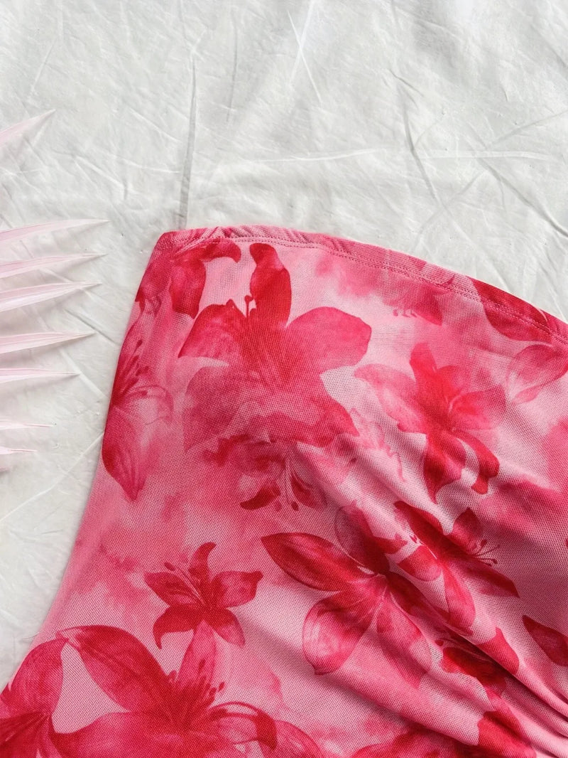 Women's 2025 Floral Print Tube Mini Dress Strapless Backless Party Club Short Ruched Drawstring Bodycon Party Dresses Streetwear