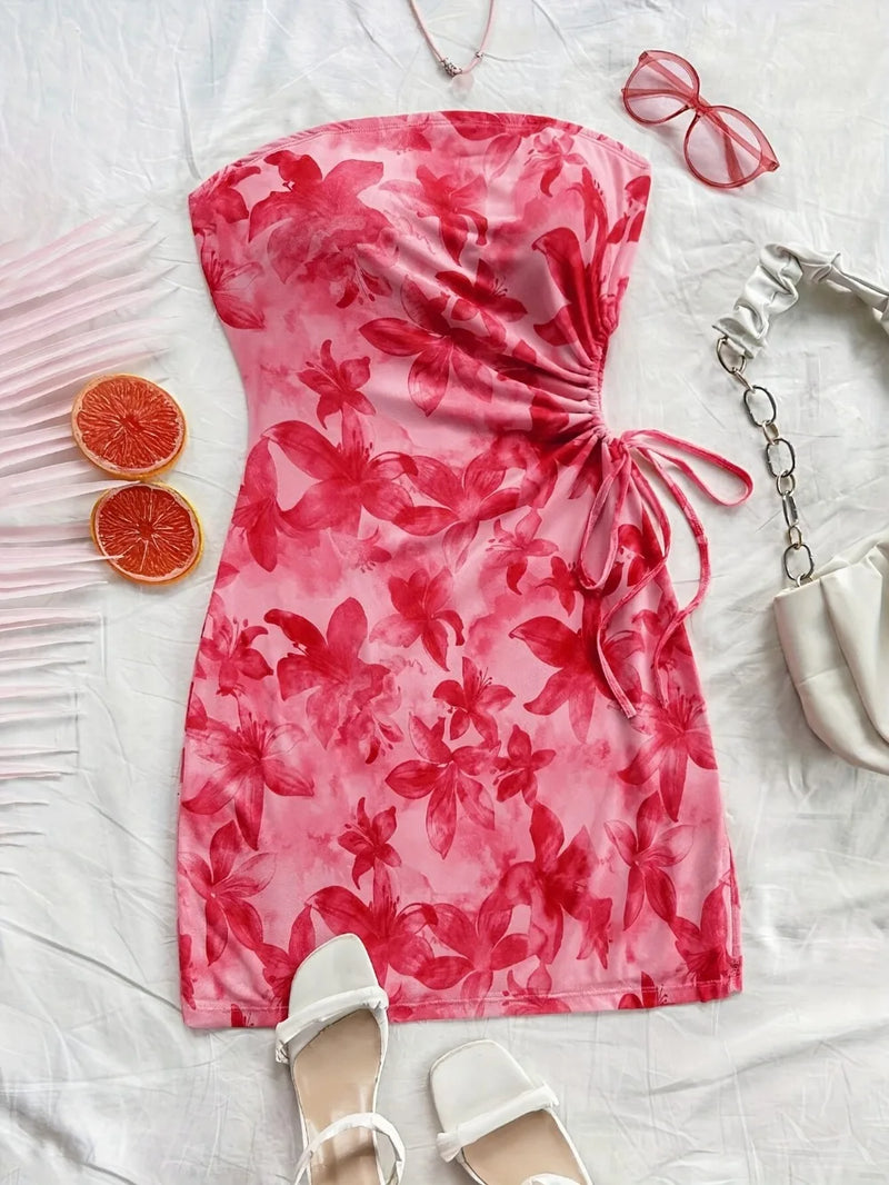 Women's 2025 Floral Print Tube Mini Dress Strapless Backless Party Club Short Ruched Drawstring Bodycon Party Dresses Streetwear