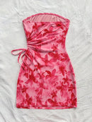 Women's 2025 Floral Print Tube Mini Dress Strapless Backless Party Club Short Ruched Drawstring Bodycon Party Dresses Streetwear