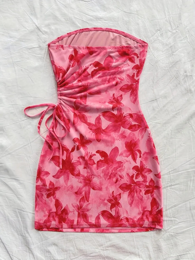 Women's 2025 Floral Print Tube Mini Dress Strapless Backless Party Club Short Ruched Drawstring Bodycon Party Dresses Streetwear