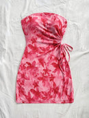 Women's 2025 Floral Print Tube Mini Dress Strapless Backless Party Club Short Ruched Drawstring Bodycon Party Dresses Streetwear