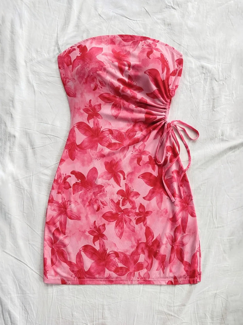 Women's 2025 Floral Print Tube Mini Dress Strapless Backless Party Club Short Ruched Drawstring Bodycon Party Dresses Streetwear