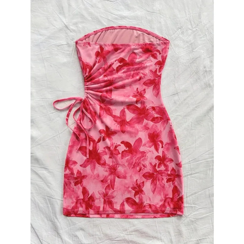 Women's 2025 Floral Print Tube Mini Dress Strapless Backless Party Club Short Ruched Drawstring Bodycon Party Dresses Streetwear