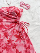 Women's 2025 Floral Print Tube Mini Dress Strapless Backless Party Club Short Ruched Drawstring Bodycon Party Dresses Streetwear