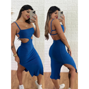 Vestido Canelado Midi Gringa Alcinha Tubinho Roupas Femininas Fenda Cintura Vazada Costas Nua