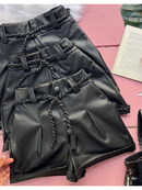 Short Feminino Couro Courino Cinto De Cordão Amarração Social