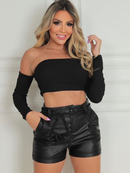 Short Feminino Couro Courino Cinto De Cordão Amarração Social