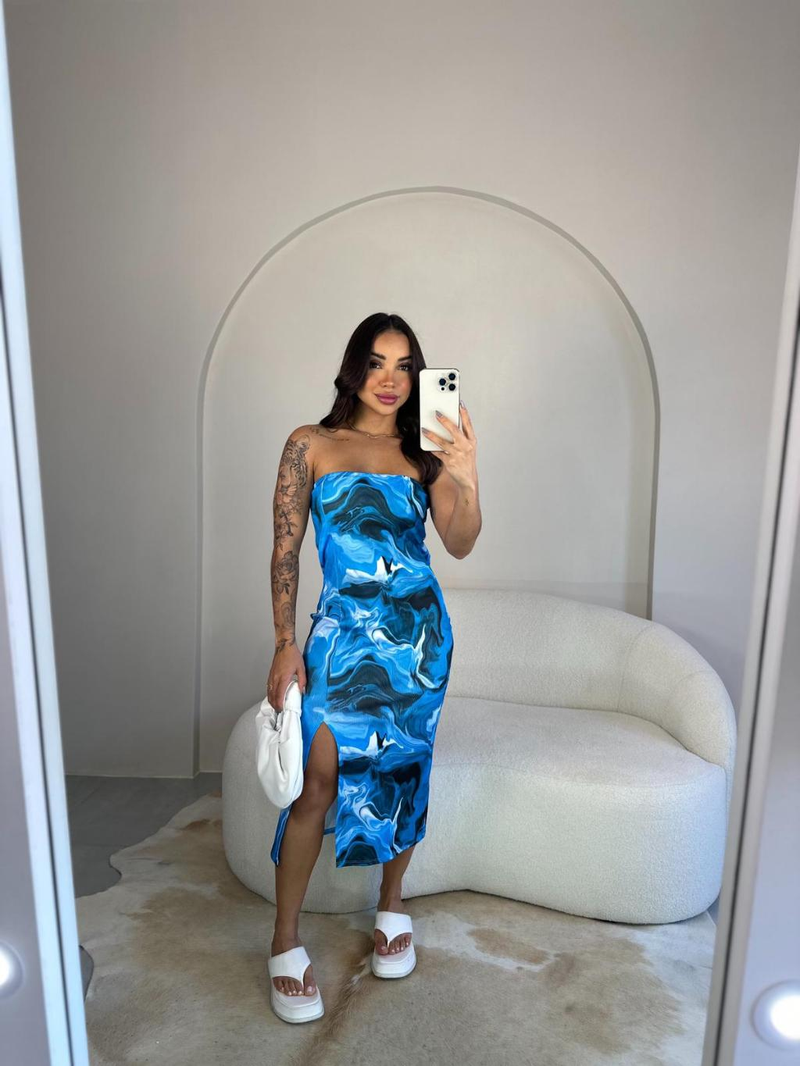 Vestido Feminino Estampado Tie Dye Com Fenda Midi Ribana