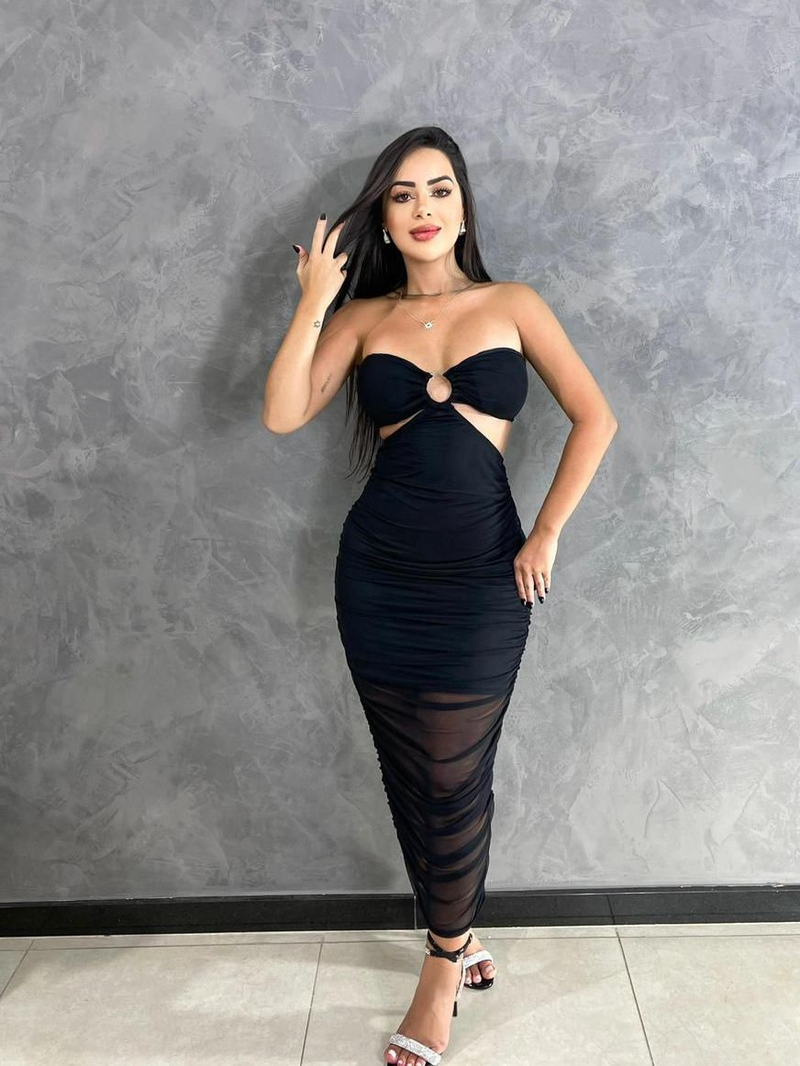 Vestido Midí de Tule Estampado Rosa Com Bojo Tomara que Caia Moda Gringa Balada