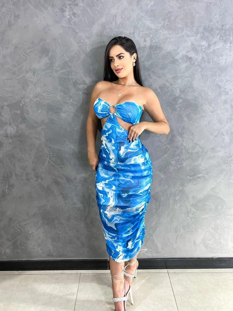 Vestido Midí de Tule Estampado Rosa Com Bojo Tomara que Caia Moda Gringa Balada