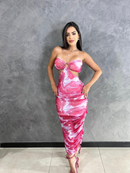 Vestido Midí de Tule Estampado Rosa Com Bojo Tomara que Caia Moda Gringa Balada