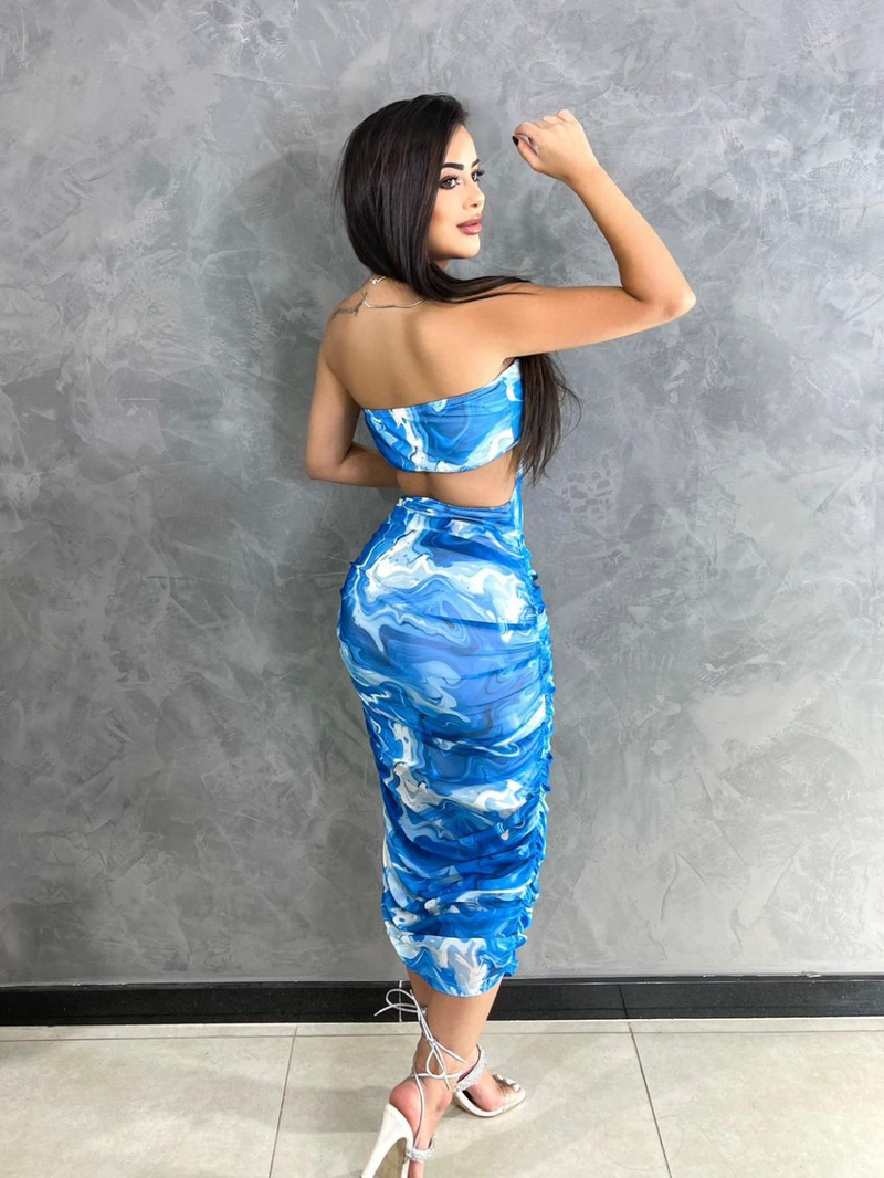 Vestido Midí de Tule Estampado Rosa Com Bojo Tomara que Caia Moda Gringa Balada