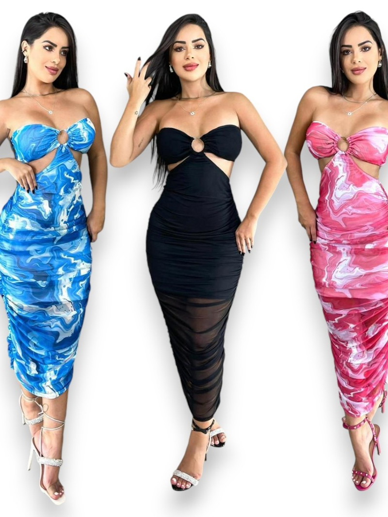 Vestido Midí de Tule Estampado Rosa Com Bojo Tomara que Caia Moda Gringa Balada