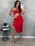 Conjunto Canelado Saia Midi com Fenda Lateral e Top Cropped de Amarrar Multiformas Verão Clout Tricô