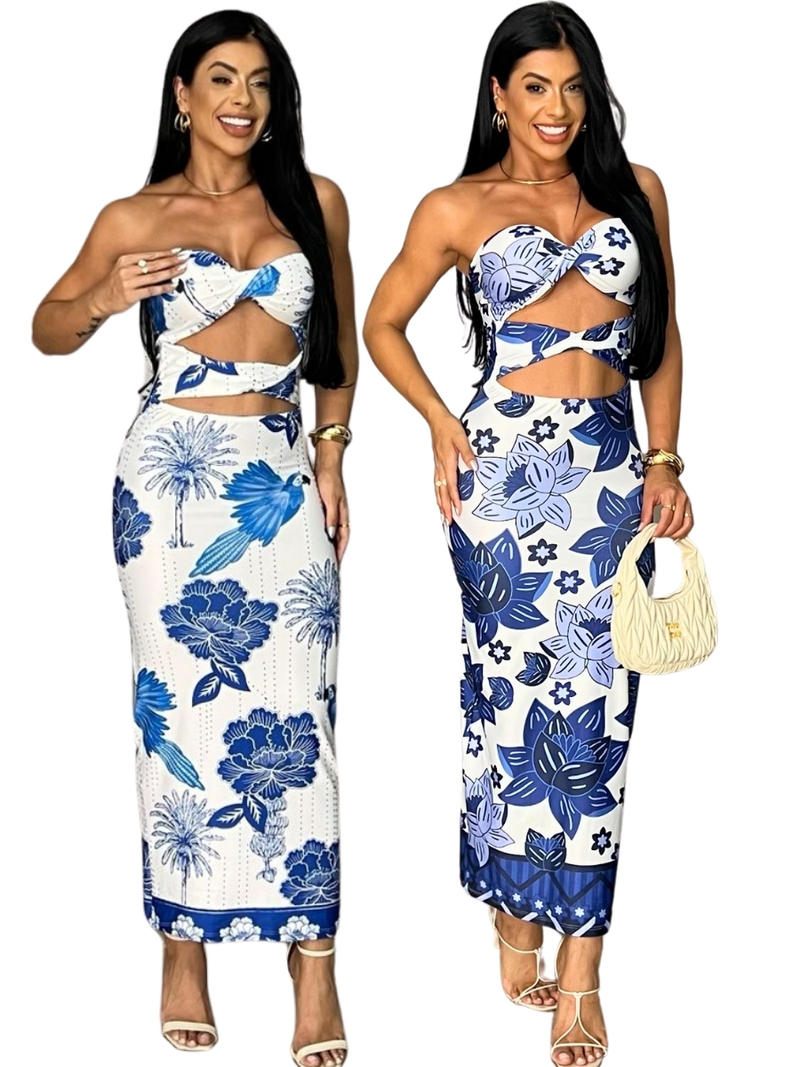 Use Pink - Vestido Midi Feminino Floral Azul Estampado Bojo e Recorte Diferenciado Moda Verão Praia