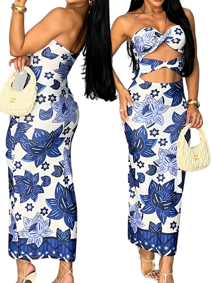 Use Pink - Vestido Midi Feminino Floral Azul Estampado Bojo e Recorte Diferenciado Moda Verão Praia