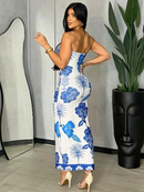 Use Pink - Vestido Midi Feminino Floral Azul Estampado Bojo e Recorte Diferenciado Moda Verão Praia