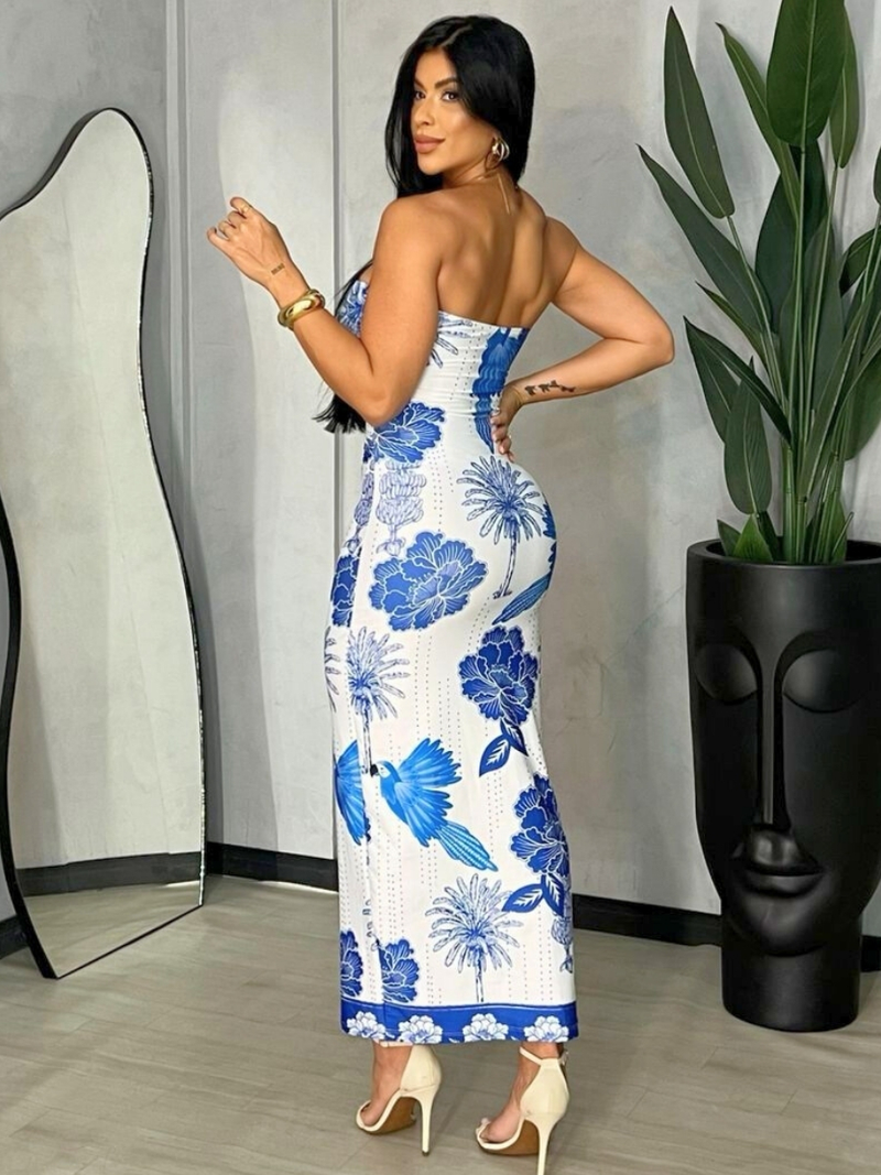 Use Pink - Vestido Midi Feminino Floral Azul Estampado Bojo e Recorte Diferenciado Moda Verão Praia