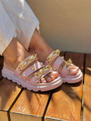 Birken Papete Sandália Conforto Feminina Luxo Corrente Spike Dourada