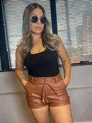 Short Feminino Couro Courino Cinto De Cordão Amarração Social
