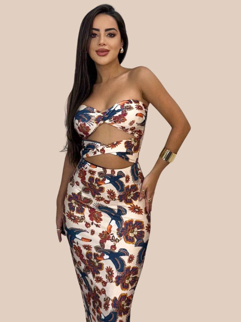 Use Pink - Vestido Midi Feminino Floral Azul Estampado Bojo e Recorte Diferenciado Moda Verão Praia