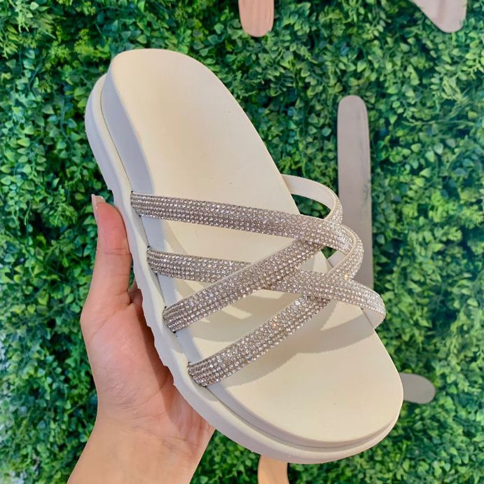 Sandalia Feminina Bloguerinha Rasteira Papete Luxo Strass Casual